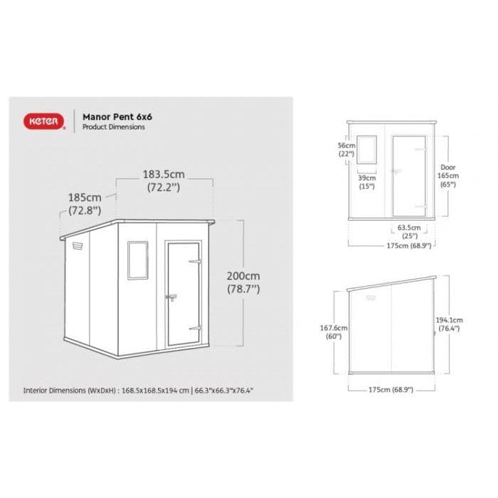 Keter 6′ x 6′ Manor Plastic Pent Garden Storage Shed – Grey